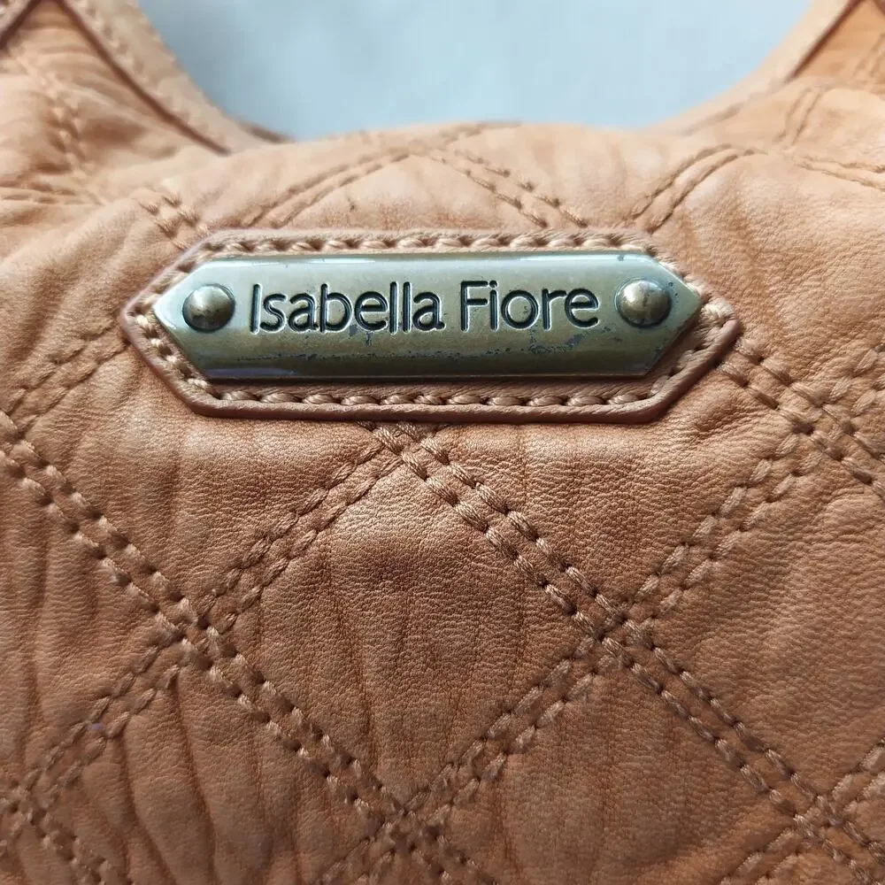 Isabella Fiore Tan Brown Learher Stitching Zipper Closure Hobo Shoulder Bag